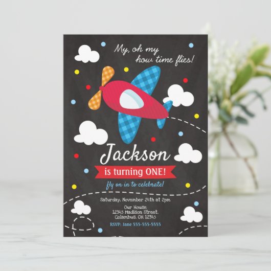 Vliegtuig Verjaardag Uitnodiging Jongen / Time Fli (Staand voorkant)