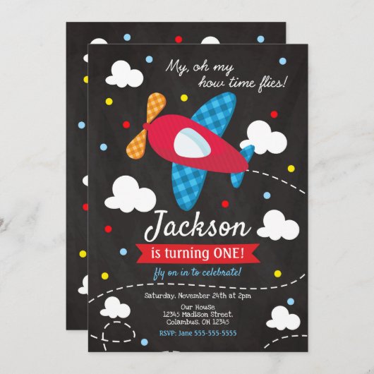 Vliegtuig Verjaardag Uitnodiging Jongen / Time Fli (Voorkant / Achterkant)