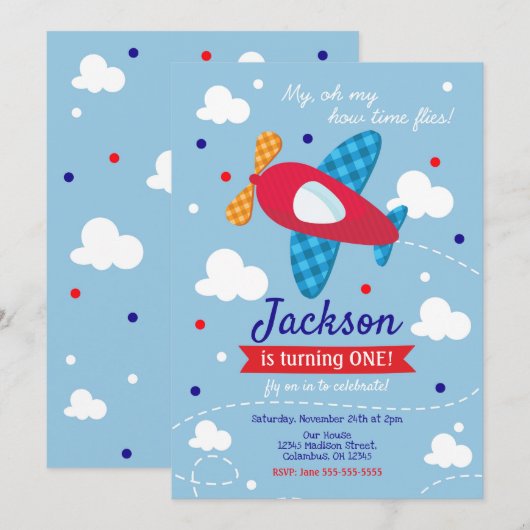 Vliegtuig Verjaardag Uitnodiging Jongen / Time Fli (Voorkant / Achterkant)