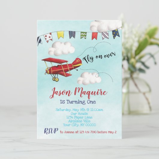 Vliegtuig Verjaardag Uitnodiging voor 1e Verjaarda (Staand voorkant)