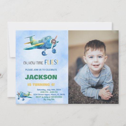 Vliegtuig Verjaardag Uitnodigingen Blauw Groen Een (Voorkant)