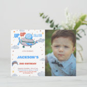 Vliegtuig Verjaardag Uitnodigingen Bruin Blauw Een (Staand voorkant)