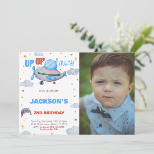 Vliegtuig Verjaardag Uitnodigingen Bruin Blauw Een (Staand voorkant)