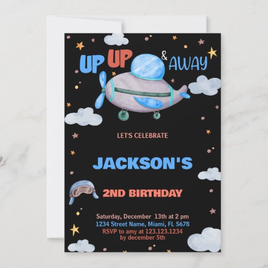 Vliegtuig Verjaardag Uitnodigingen Bruin Blauw Zwa (Voorkant)