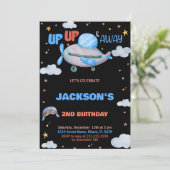 Vliegtuig Verjaardag Uitnodigingen Bruin Blauw Zwa (Staand voorkant)