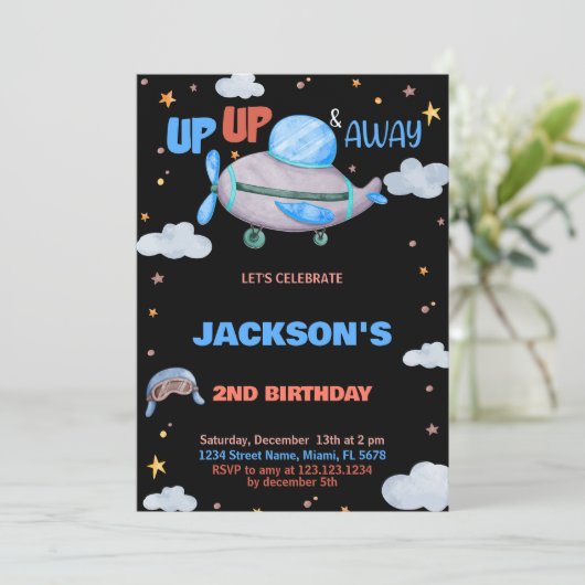 Vliegtuig Verjaardag Uitnodigingen Bruin Blauw Zwa (Staand voorkant)