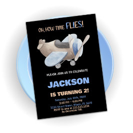 Vliegtuig Verjaardag Uitnodigingen Bruin Grijs Zwa