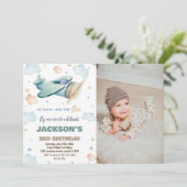 Vliegtuig Verjaardag Uitnodigingen Groen Bruin W F (Staand voorkant)