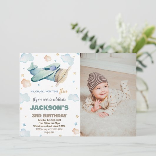 Vliegtuig Verjaardag Uitnodigingen Groen Bruin W F (Staand voorkant)