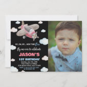 Vliegtuig Verjaardag Uitnodigingen Rood met foto (Voorkant)