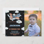 Vliegtuig Verjaardag Uitnodigingen Zwart BK met fo (Voorkant)