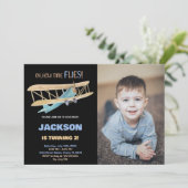 Vliegtuig Verjaardag Uitnodigingen Zwart Blauw W F (Staand voorkant)