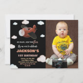 Vliegtuig Verjaardag Uitnodigingen Zwart Bruin W F (Voorkant)