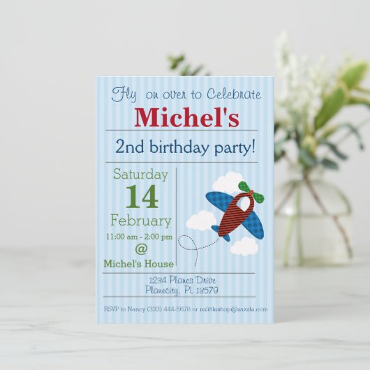 Vliegtuig verjaardagsuitnodiging kaart (Staand voorkant)