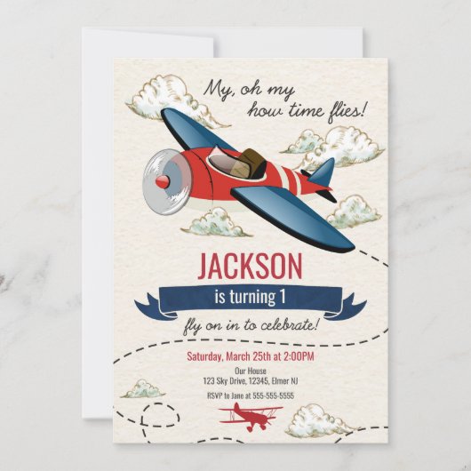 Vliegtuig Verjaardagsuitnodiging  tijd vliegt Kaart (Voorkant)