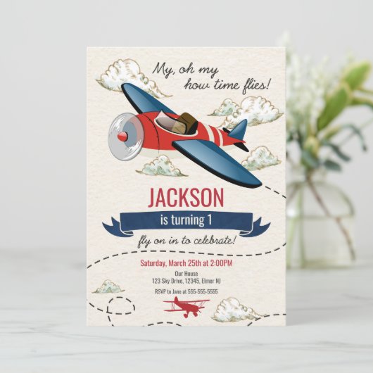 Vliegtuig Verjaardagsuitnodiging  tijd vliegt Kaart (Staand voorkant)