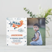 Vliegtuig Verjaardagsuitnodigingen Sinaasappel met Kaart (Staand voorkant)