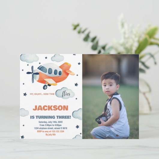 Vliegtuig Verjaardagsuitnodigingen Sinaasappel met Kaart (Staand voorkant)