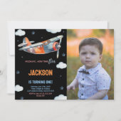Vliegtuig Verjaardagsuitnodigingen Zwart Sinaasapp Kaart (Voorkant)