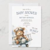 Vliegtuig Vliegend Beer Blauw Baby shower Kaart (Voorkant)