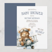 Vliegtuig Vliegend Beer Blauw Baby shower Kaart (Voorkant / Achterkant)