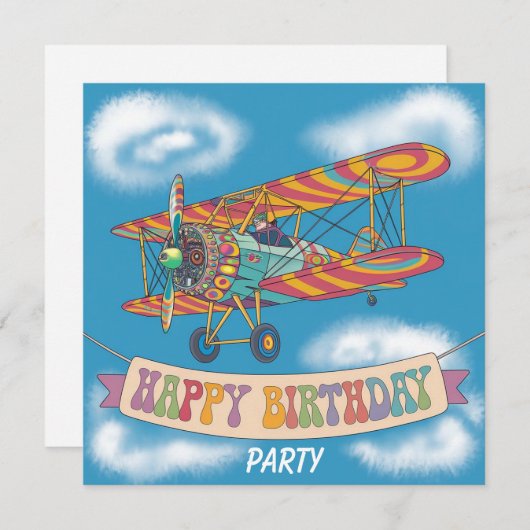 Vliegtuig vliegt over banner van gelukkige verjaar kaart (Voorkant / Achterkant)