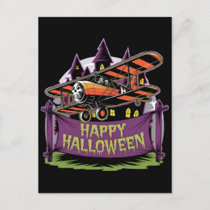 Vliegtuig vliegt over vrolijke Halloween-banner Briefkaart