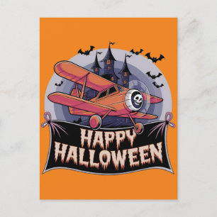 Vliegtuig vliegt over vrolijke Halloween-banner Briefkaart