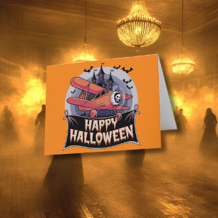 Vliegtuig vliegt over vrolijke Halloween-banner Kaart