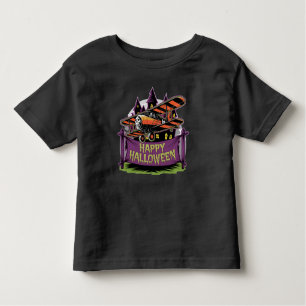 Vliegtuig vliegt over vrolijke Halloween-banner Kinder Shirts
