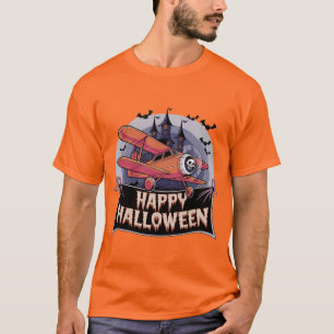 Vliegtuig vliegt over vrolijke Halloween-banner T-shirt