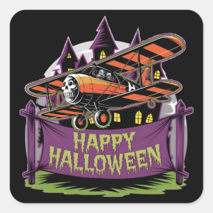 Vliegtuig vliegt over vrolijke Halloween-banner Vierkante Sticker