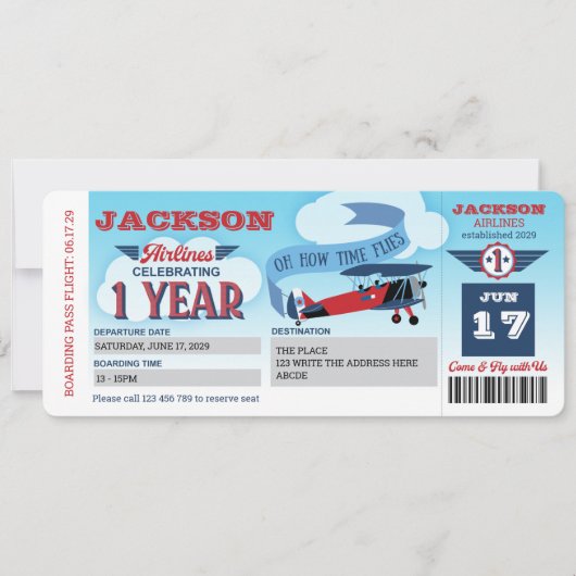 Vliegtuig, vliegticket, instapkaart, eerste verjaa kaart (Voorkant)