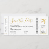 Vliegtuig voor weduwschap op goudbestemming save the date (Voorkant)