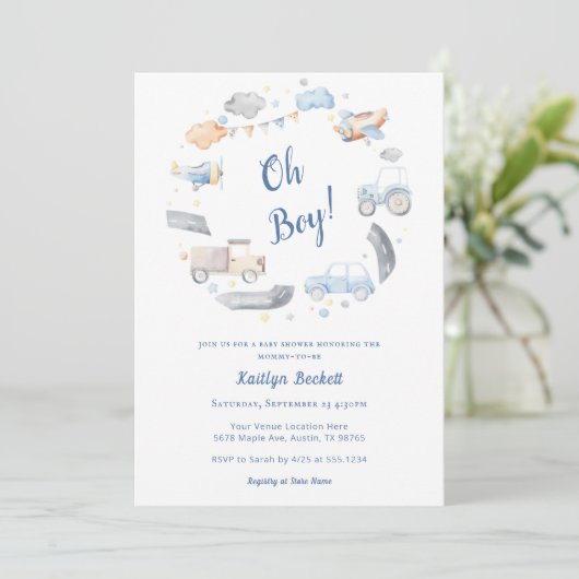 Vliegtuig Vrachtwagen Auto Tractor Boy Baby shower Kaart (Staand voorkant)
