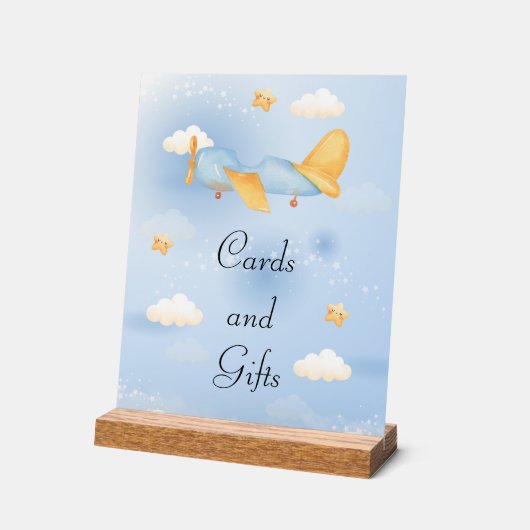 Vliegtuig, Wolken & Sterren, Blauw, Baby Boy, Scha Acryl Bord (Hoek)