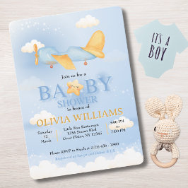 Vliegtuig, Wolken & Sterren, Blauw, Baby Boy, Scha Kaart