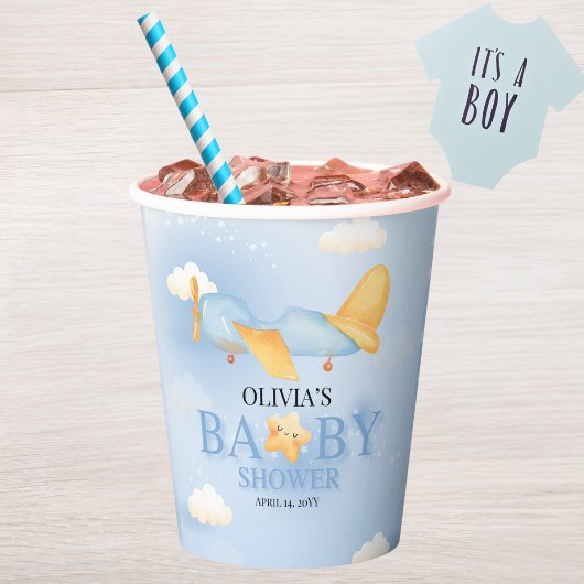 Vliegtuig, Wolken & Sterren, Blauw, Baby Boy, Scha Papieren Bekers