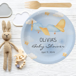 Vliegtuig, Wolken & Sterren, Blauw, Baby Boy, Scha Papieren Bordje