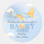 Vliegtuig, Wolken & Sterren, Blauw, Baby Boy, Scha Ronde Sticker (Voorkant)