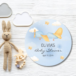 Vliegtuig, Wolken & Sterren, Blauw, Baby Boy, Scha Ronde Sticker