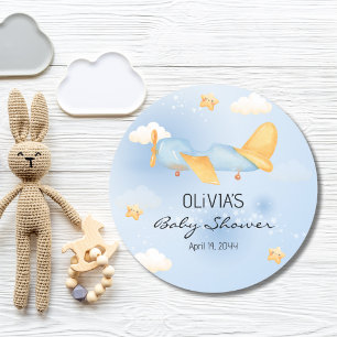 Vliegtuig, Wolken & Sterren, Blauw, Baby Boy, Scha Ronde Sticker