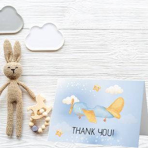 Vliegtuig,Wolken & Sterren, Blauw, Baby Jongen,Lie Bedankkaart