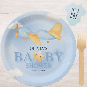 Vliegtuig,Wolken & Sterren, Blauw, Baby Jongen,Lie Papieren Bordje