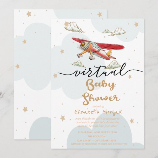 Vliegtuig,Wolken Sterren Virtuele Baby Shower Kaart (Voorkant / Achterkant)