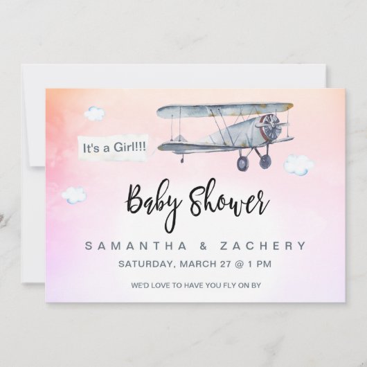 ** Vliegtuigbanner Clouds Baby Girl Shower Kaart (Voorkant)