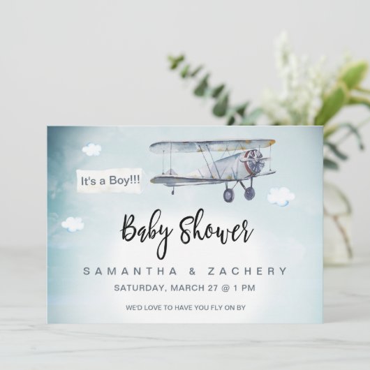 *~* Vliegtuigbanner Vintagewolken Jongens Baby Sho Kaart (Staand voorkant)