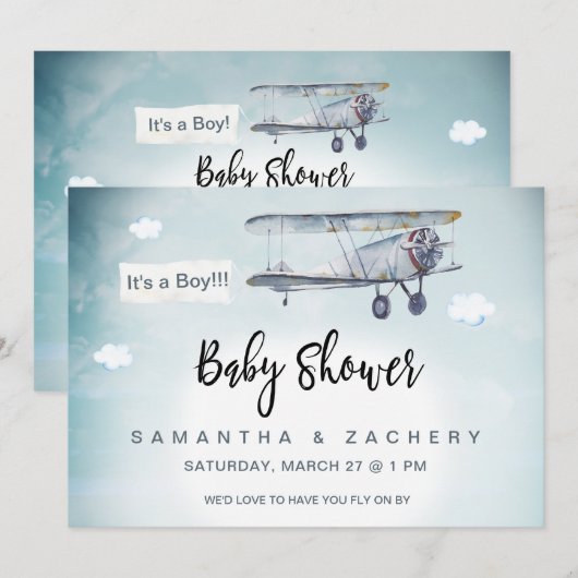 *~* Vliegtuigbanner Vintagewolken Jongens Baby Sho Kaart (Voorkant / Achterkant)