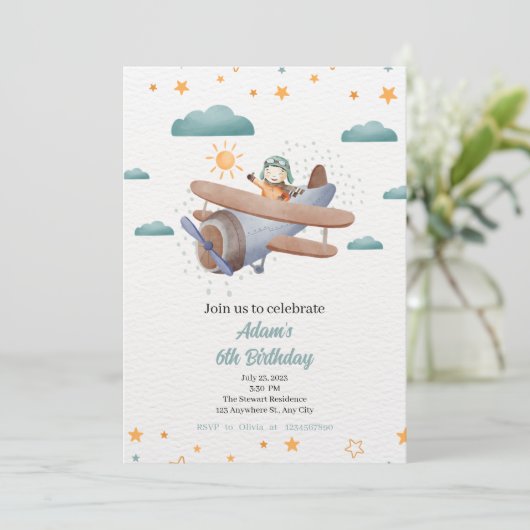 Vliegtuigblauw en groene Waterverf jarig Uitnodige Kaart (Staand voorkant)