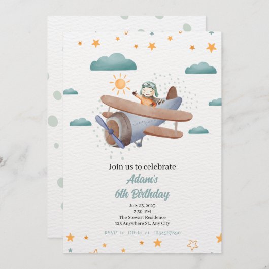 Vliegtuigblauw en groene Waterverf jarig Uitnodige Kaart (Voorkant / Achterkant)